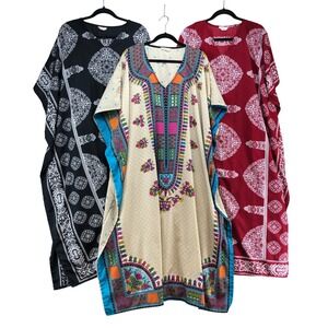 Gypsie Blu Kaftan Maxi Dress Lot Womens OSFA Black Cream Red Boho Medallion 3pc